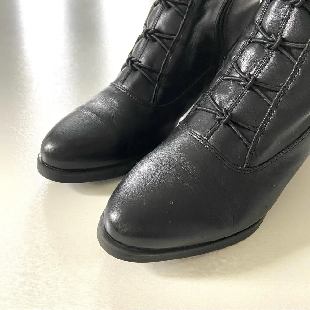 Vintage Boston Accent Granny Black Genuine Leather Lace-Up Heeled Ankle Boots - Picture 2 of 9